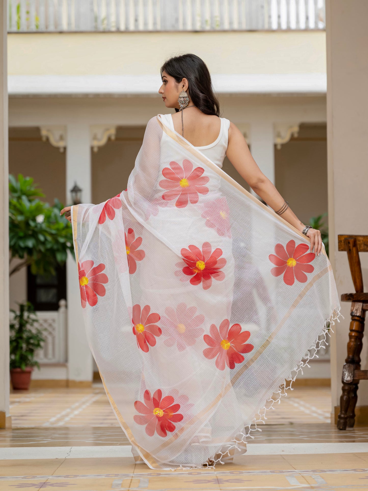 White HandPainted pure Kota Doria saree