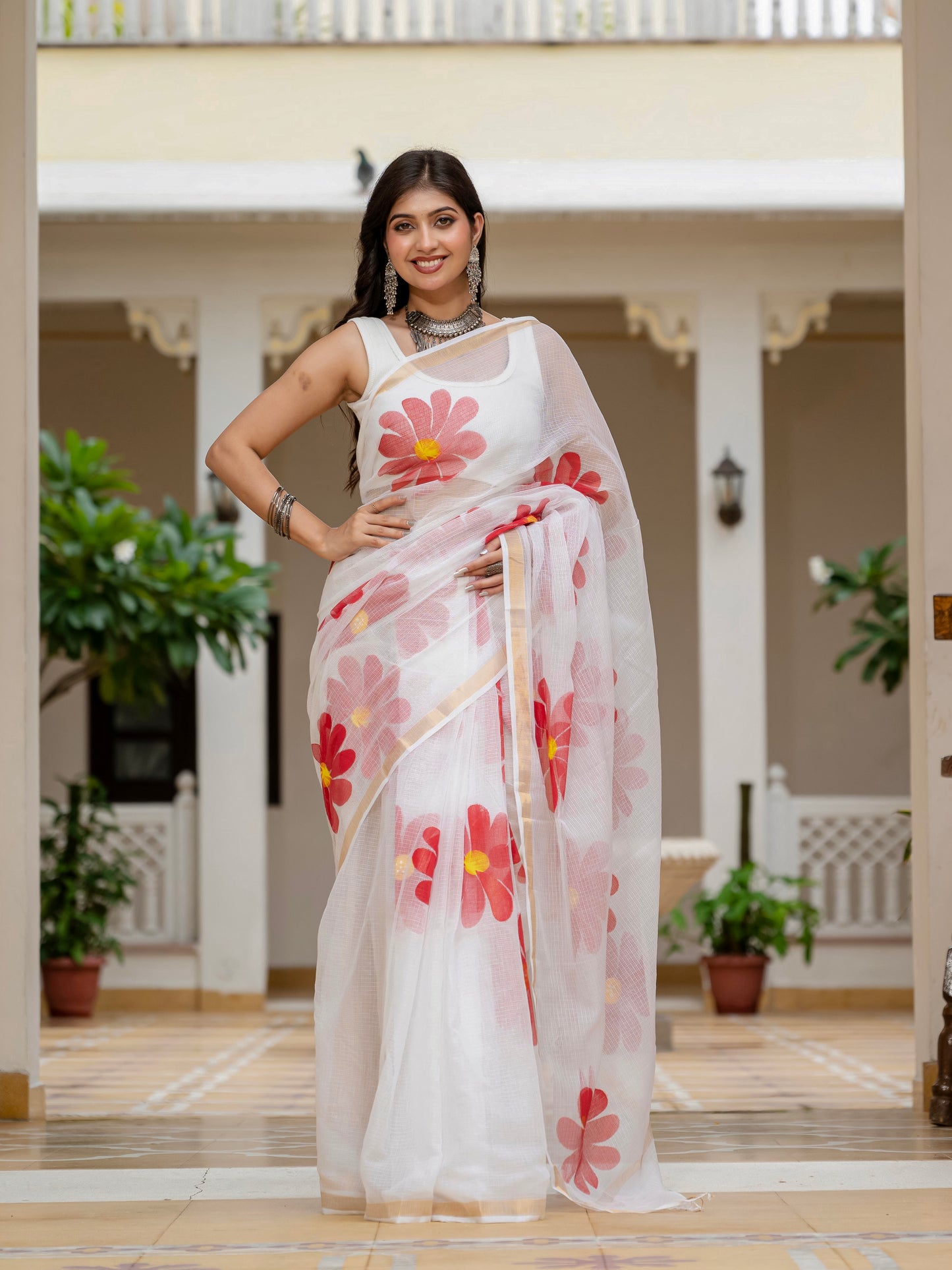 White HandPainted pure Kota Doria saree
