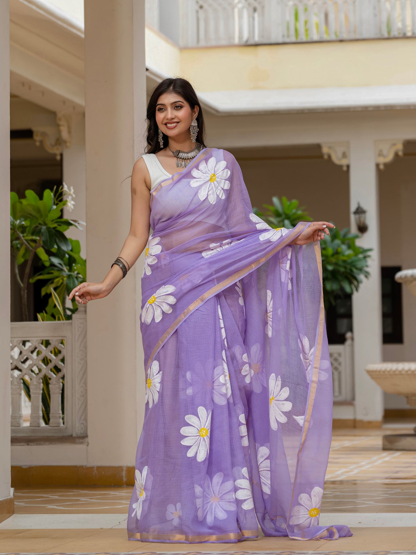 Lilac HandPainted pure Kota Doria saree