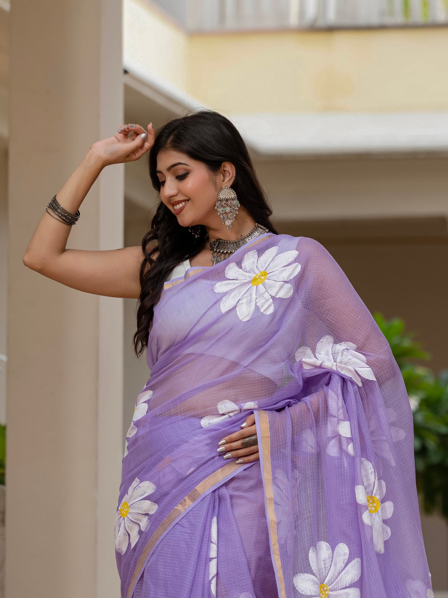Lilac HandPainted pure Kota Doria saree