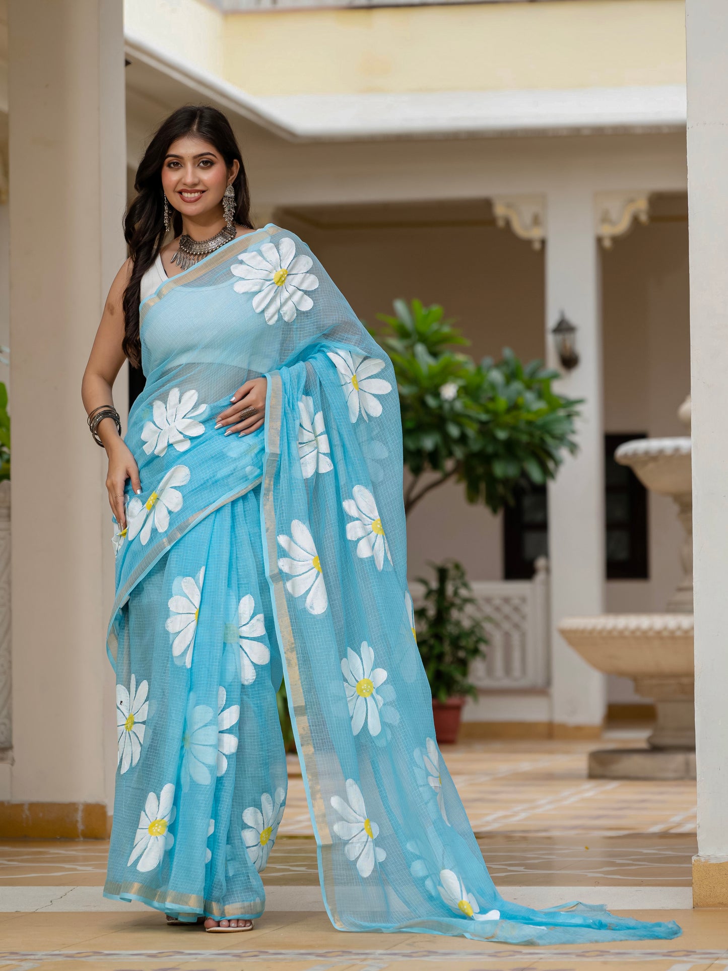 Sky blue HandPainted pure Kota Doria saree