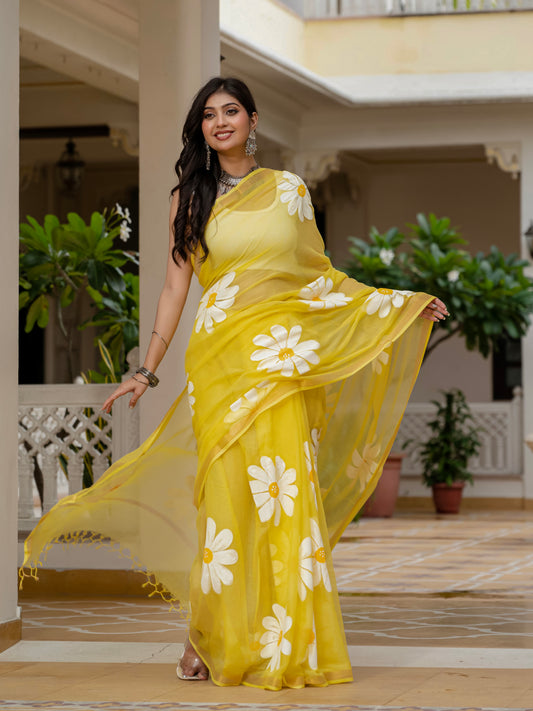 Yellow HandPainted pure Kota Doria saree