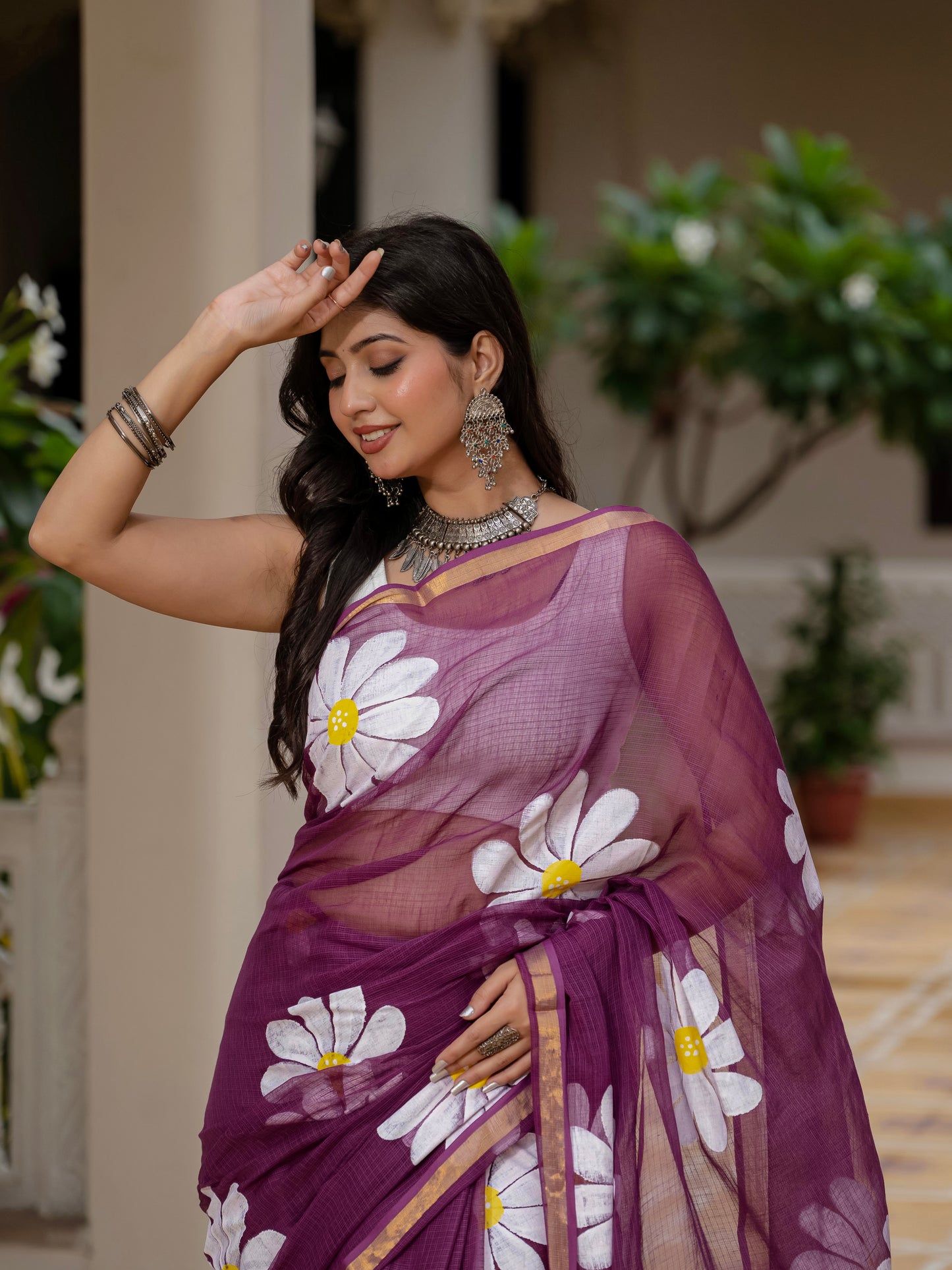 Wine HandPainted pure Kota Doria saree