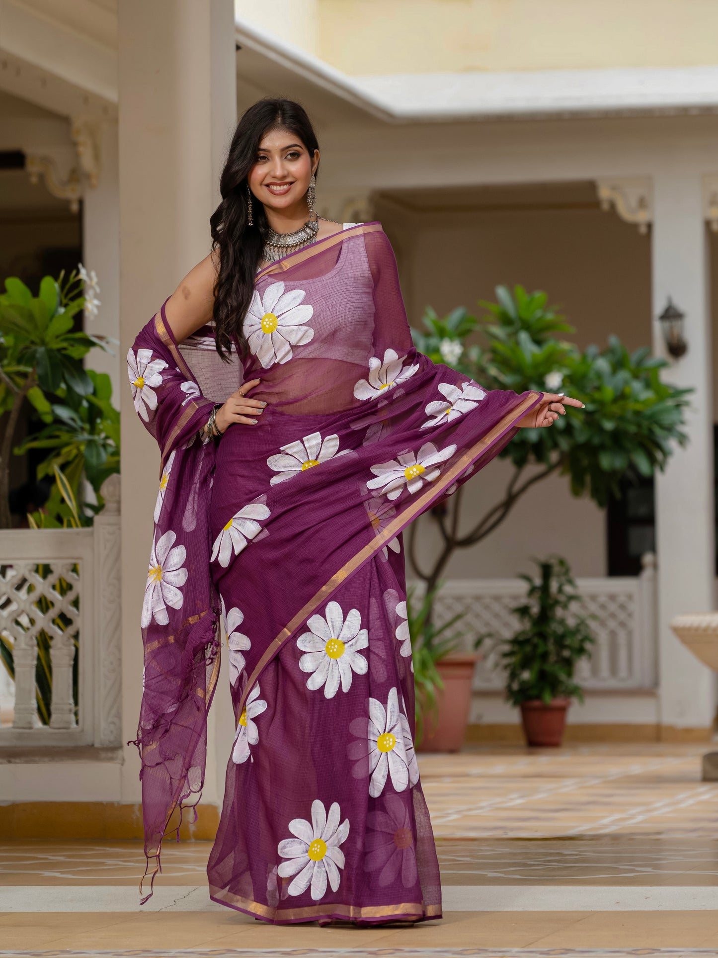 Wine HandPainted pure Kota Doria saree