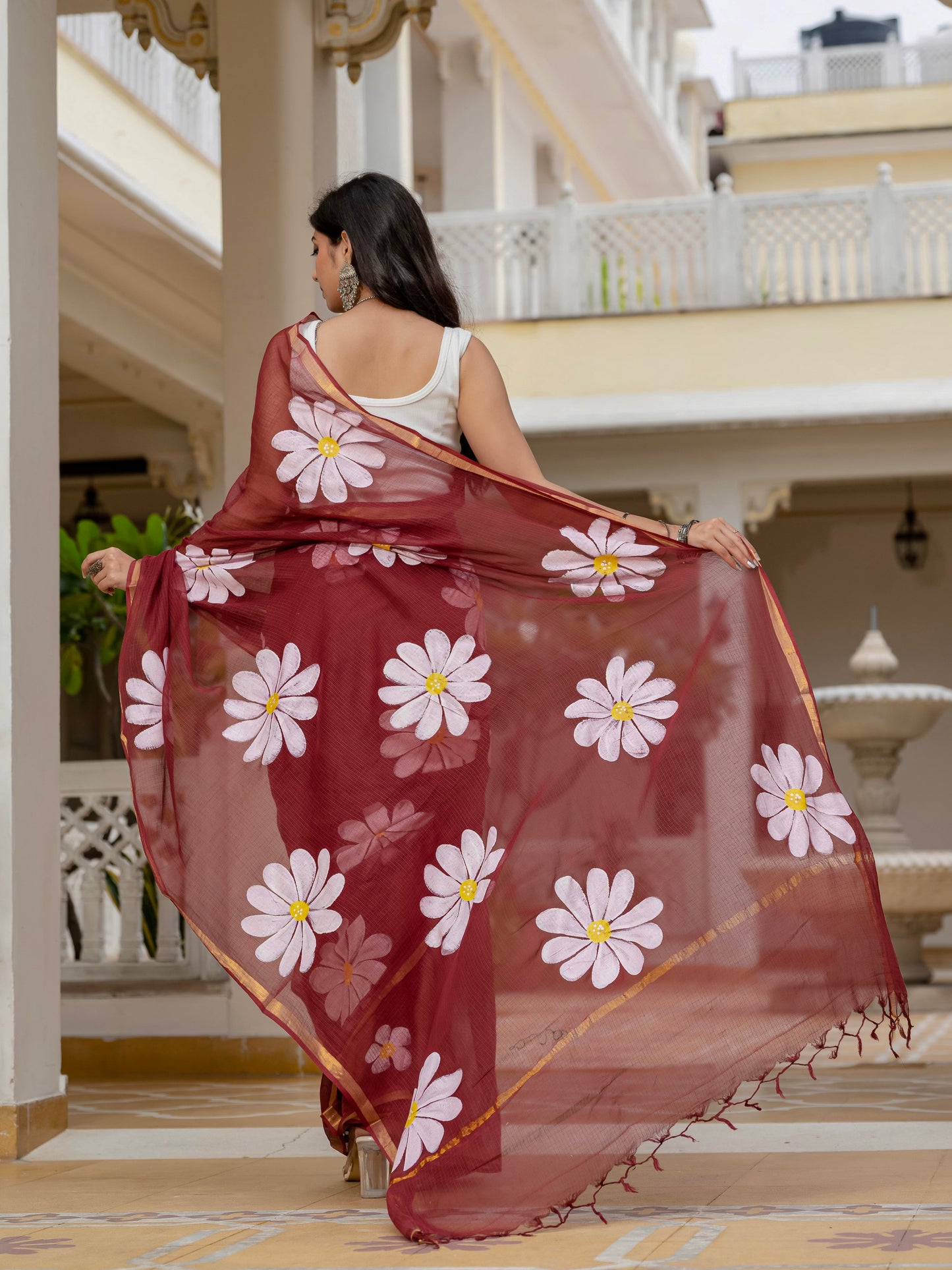 Maroon HandPainted pure Kota Doria saree