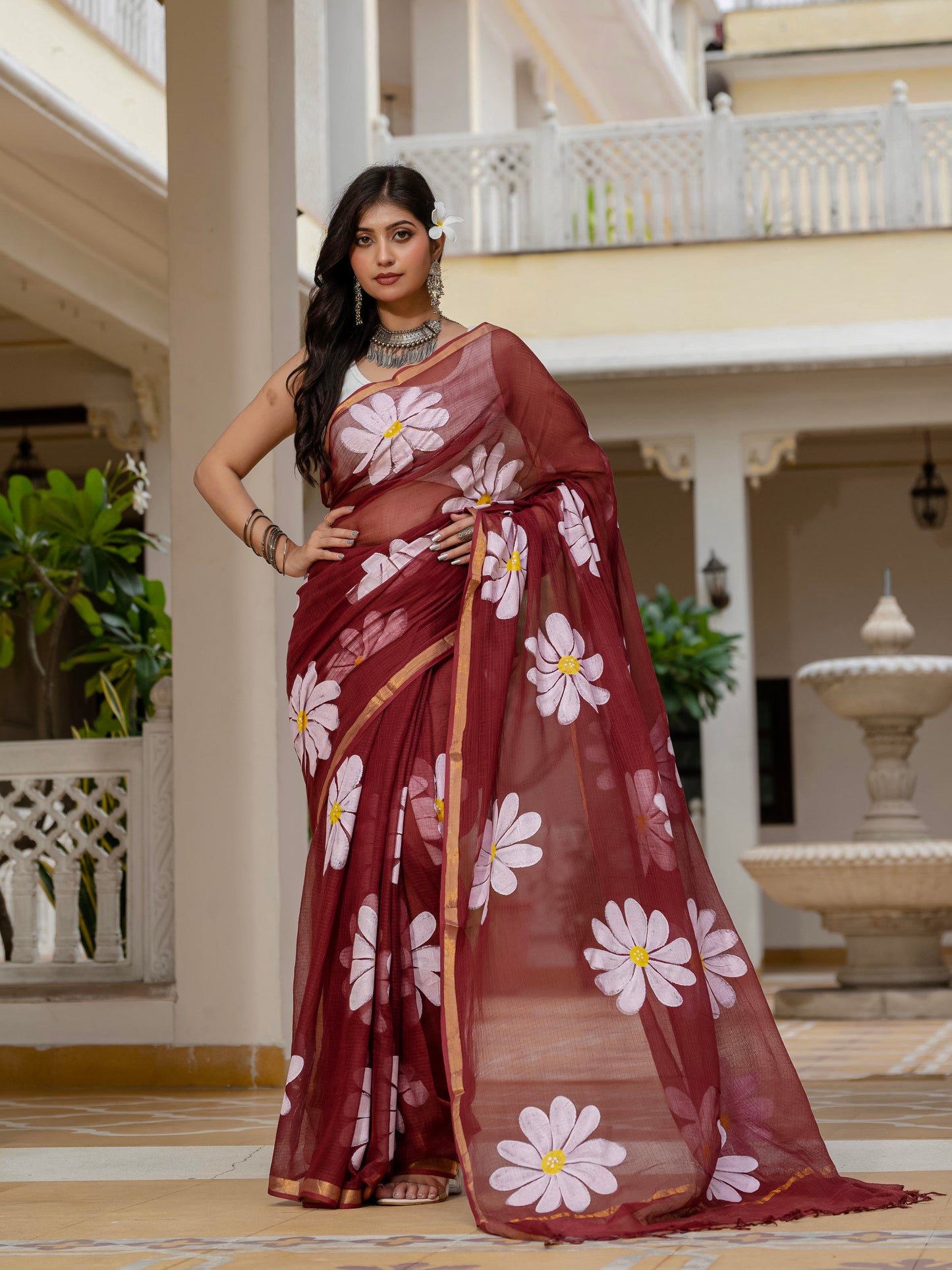 Maroon HandPainted pure Kota Doria saree
