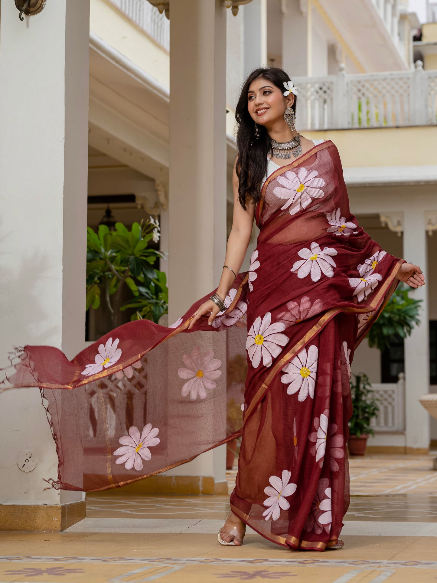 Maroon HandPainted pure Kota Doria saree