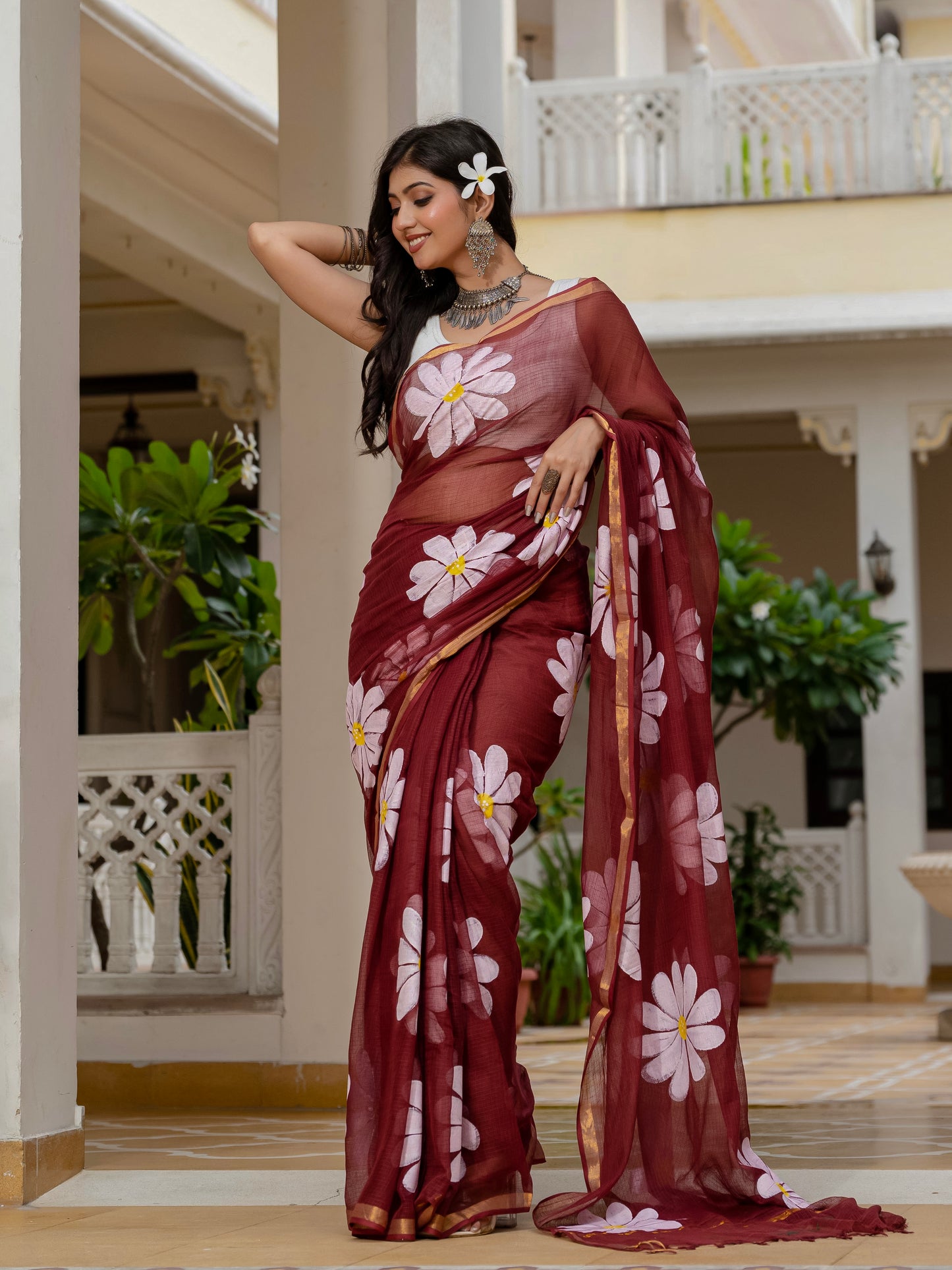Maroon HandPainted pure Kota Doria saree