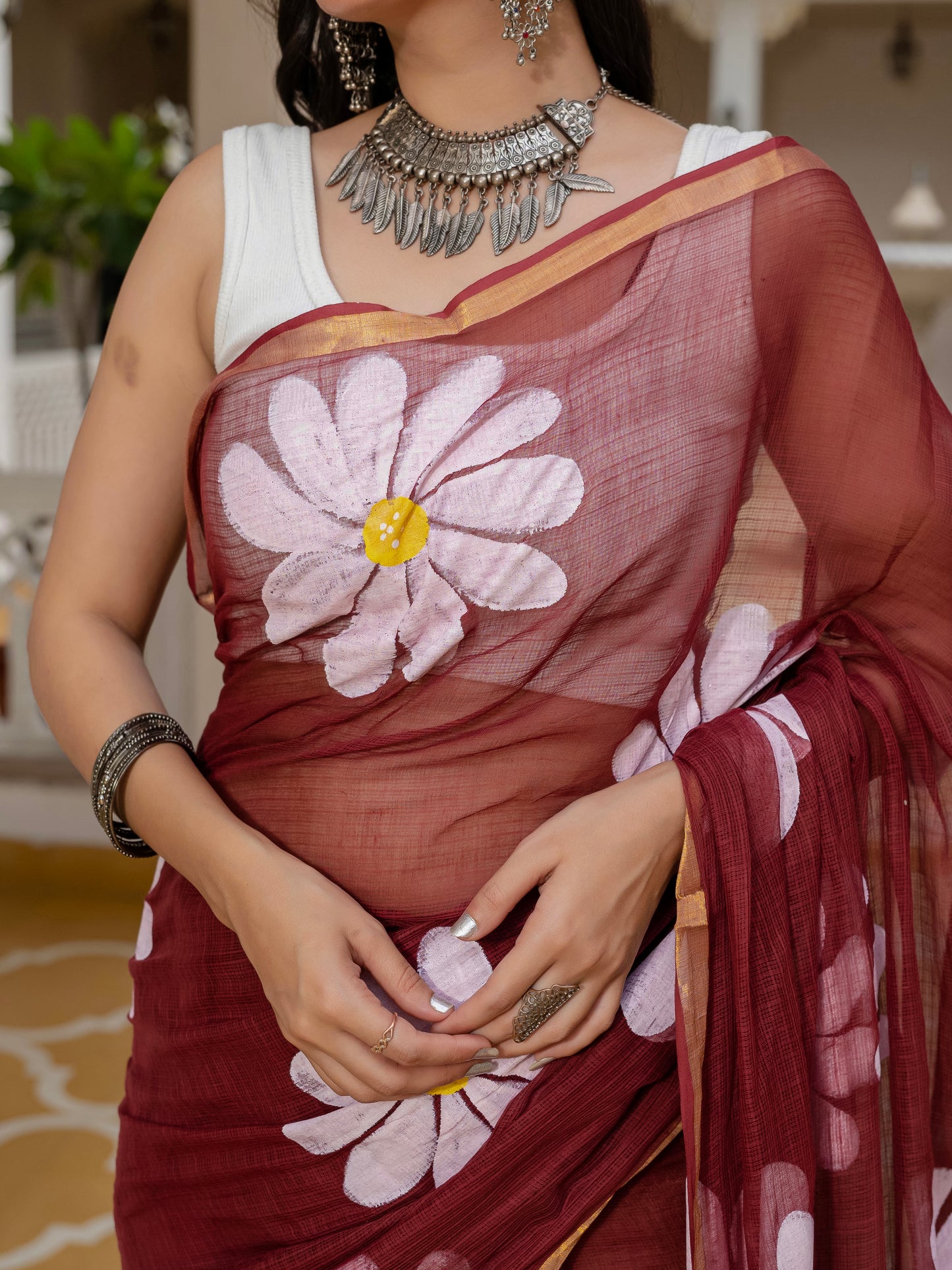 Maroon HandPainted pure Kota Doria saree