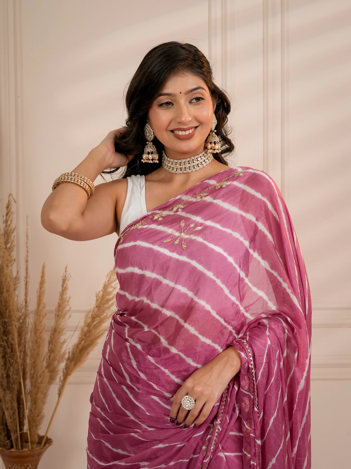 Mauve lehriya with hand work