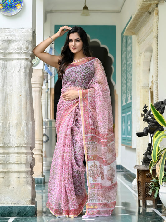 Pink Floral Jaal pure hand block print kota doria saree