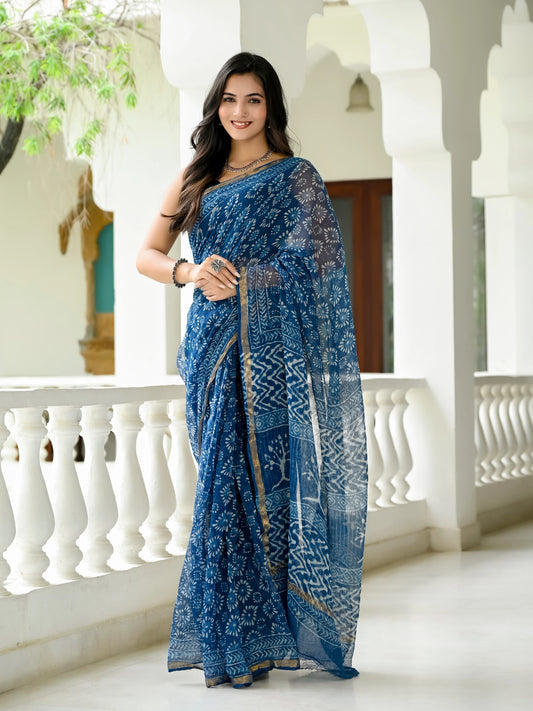 Indigo Geometric Block Printed Pure Kota Doria Saree