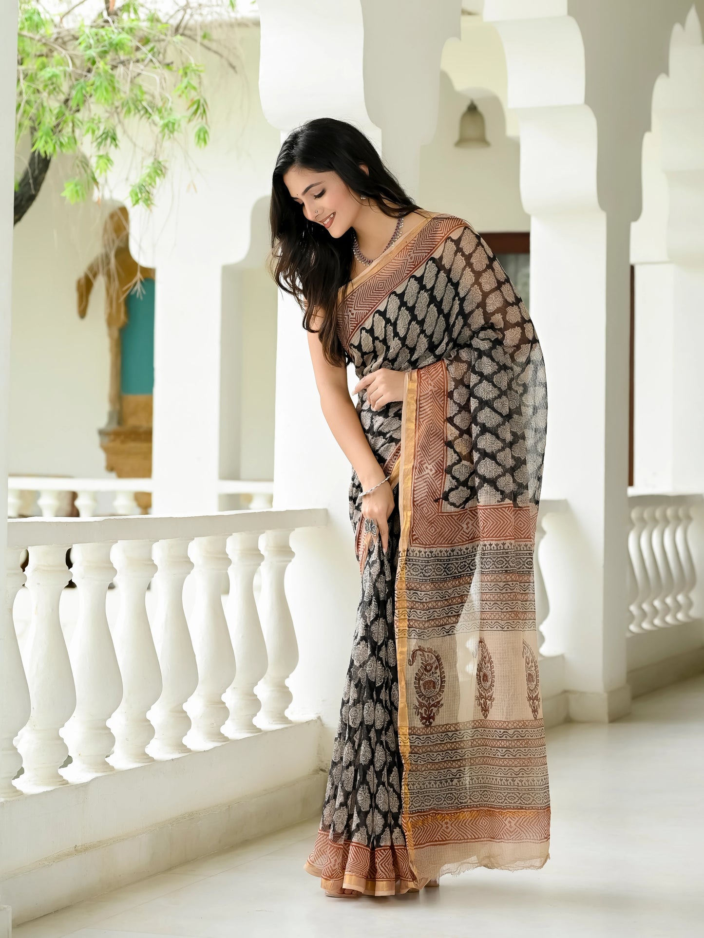 Bagru Black Booti Printed Hand Block Kota Doria Saree