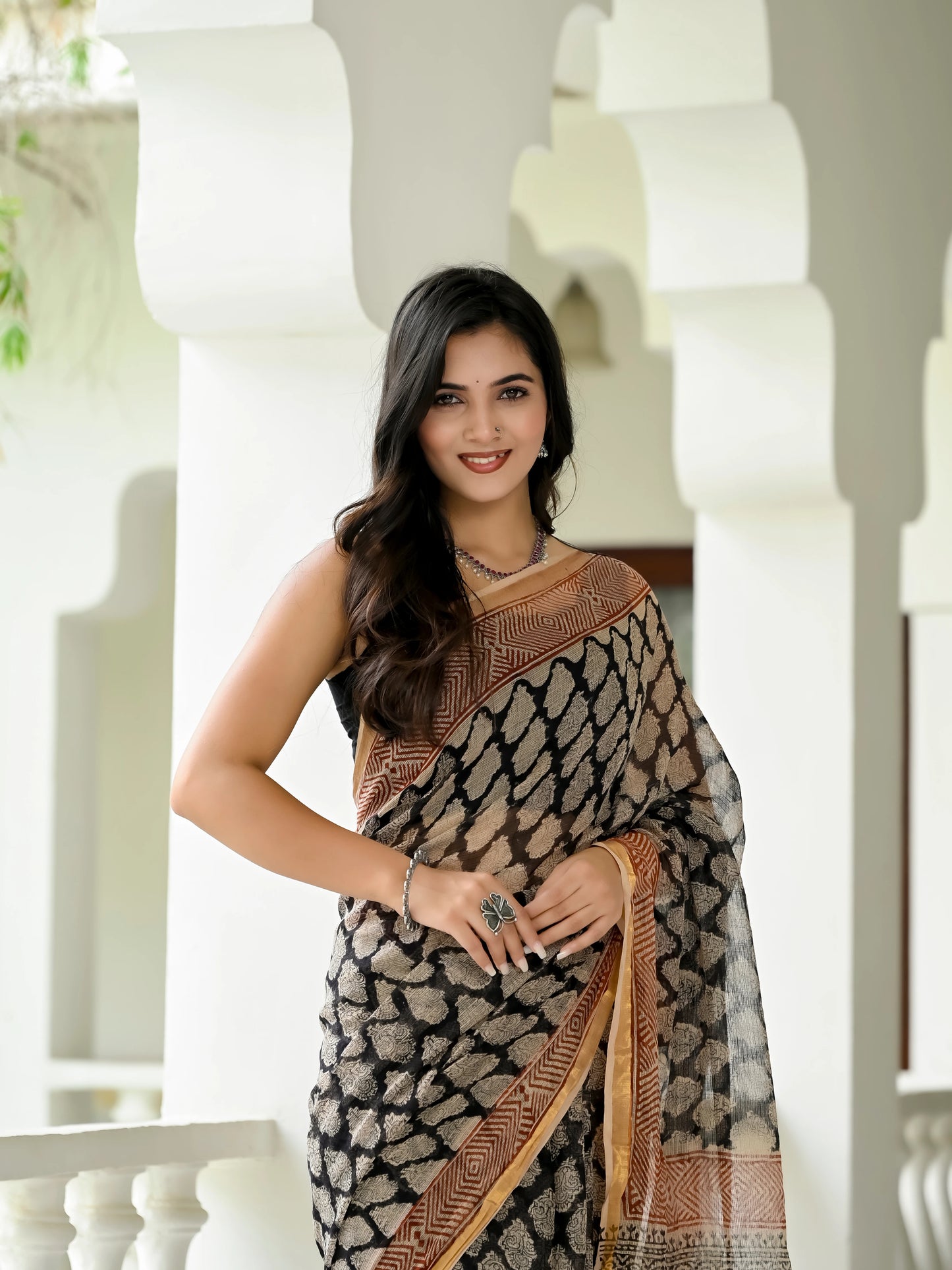 Bagru Black Booti Printed Hand Block Kota Doria Saree