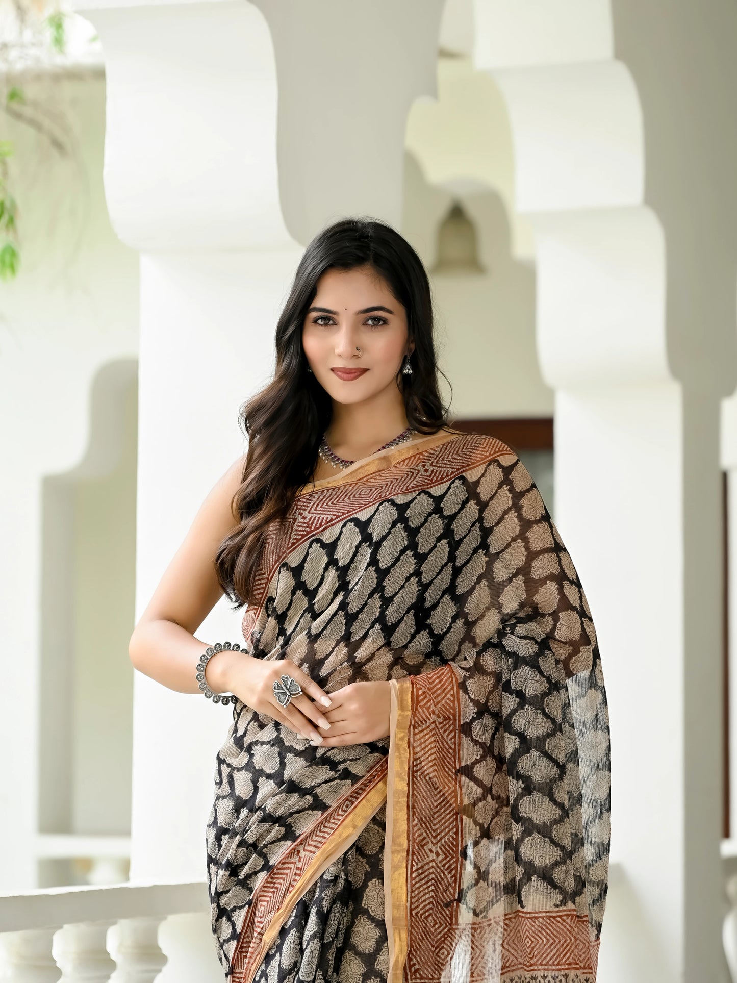 Bagru Black Booti Printed Hand Block Kota Doria Saree