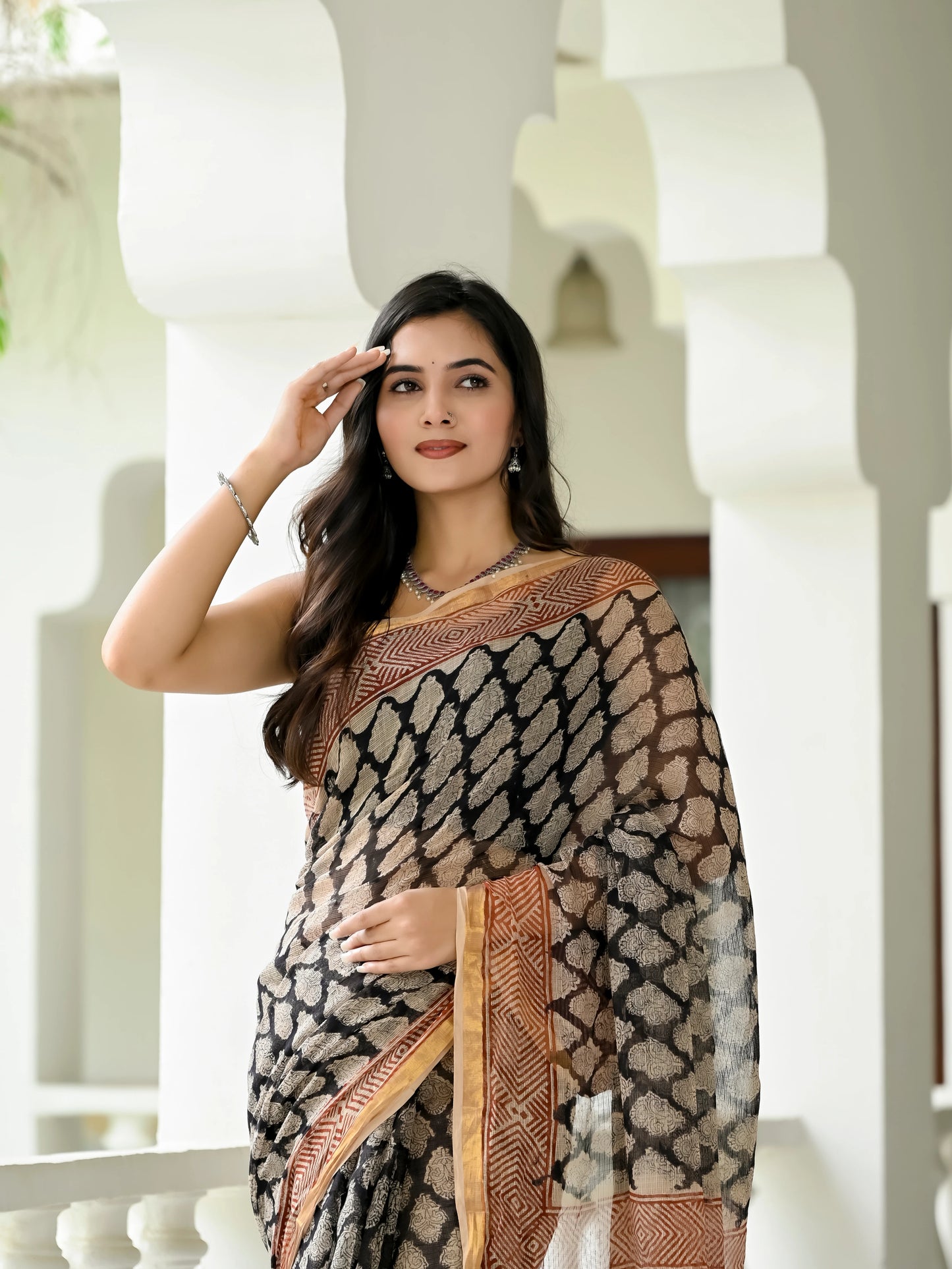 Bagru Black Booti Printed Hand Block Kota Doria Saree