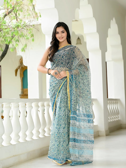 Pista Floral Jaal pure hand block print kota doria saree