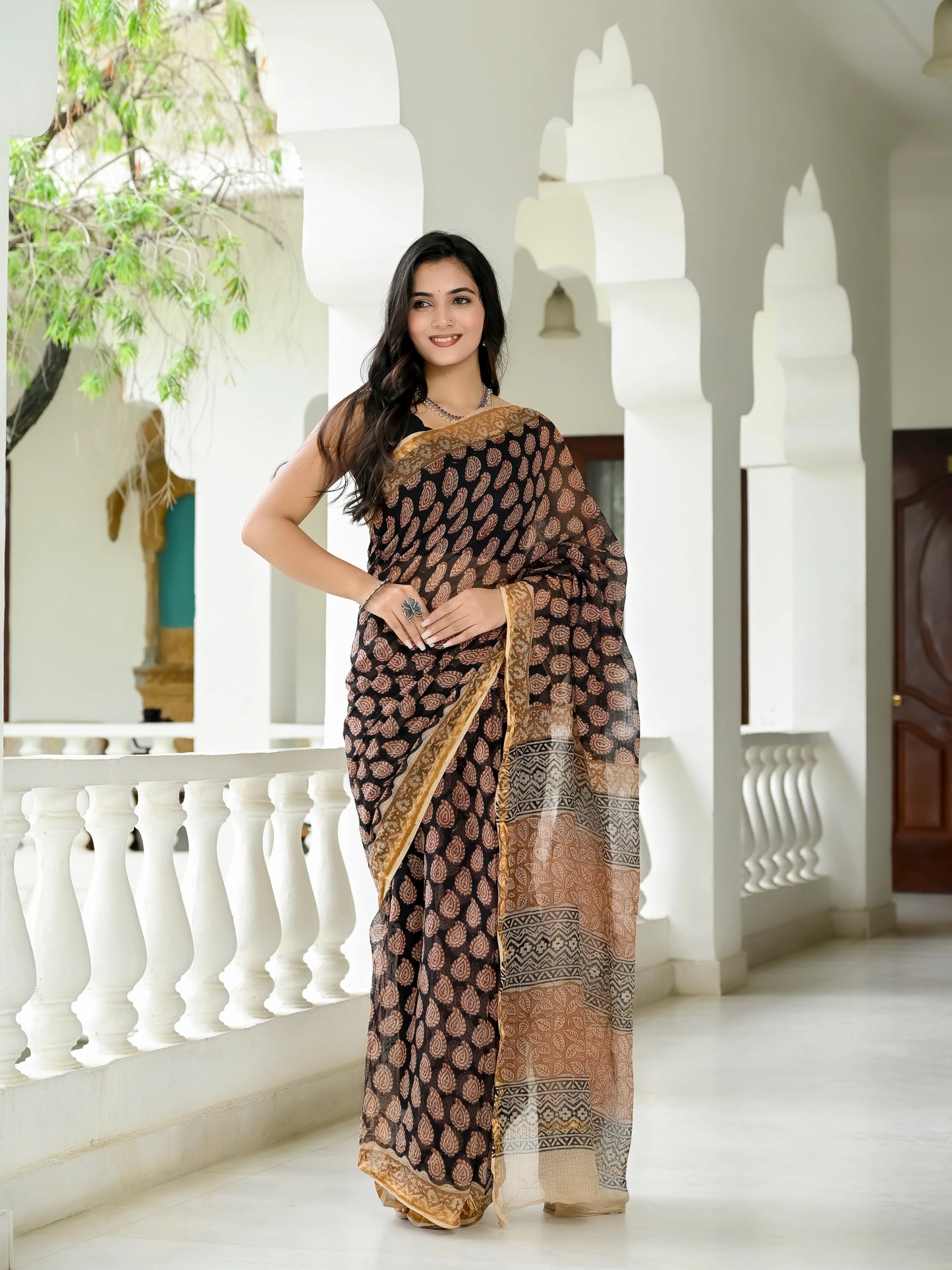 Bagru Kairi Printed Hand Block Kota Doria Saree