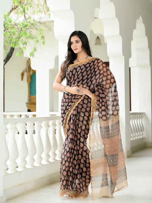 Bagru Kairi Printed Hand Block Kota Doria Saree