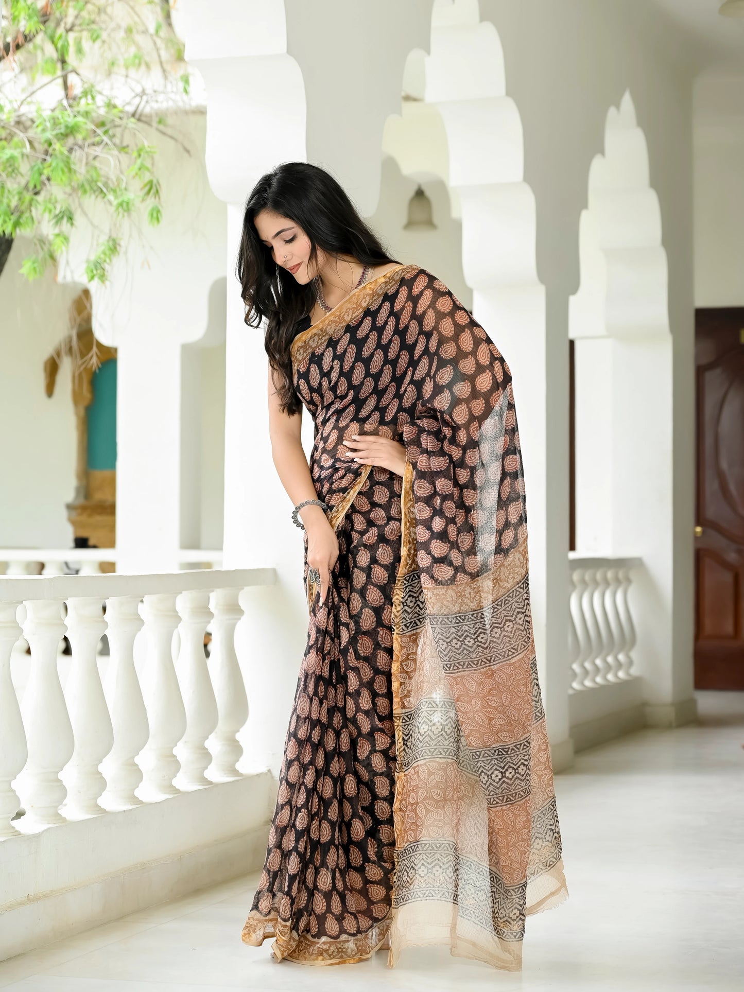 Bagru Kairi Printed Hand Block Kota Doria Saree