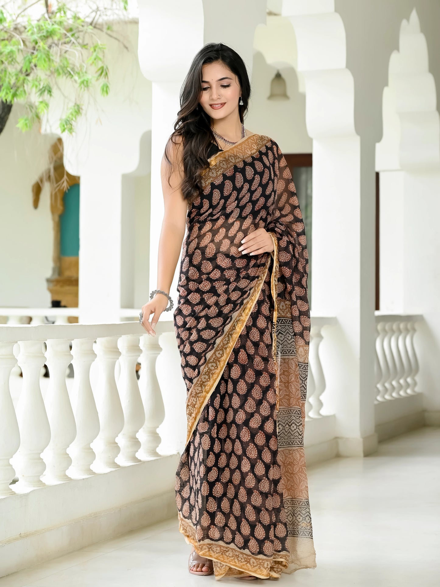 Bagru Kairi Printed Hand Block Kota Doria Saree