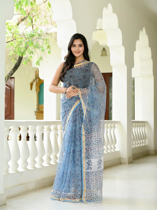 Sky Floral Jaal pure hand block print kota doria saree