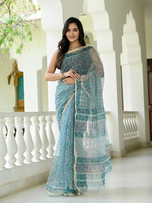 Green Floral Jaal pure hand block print kota doria saree