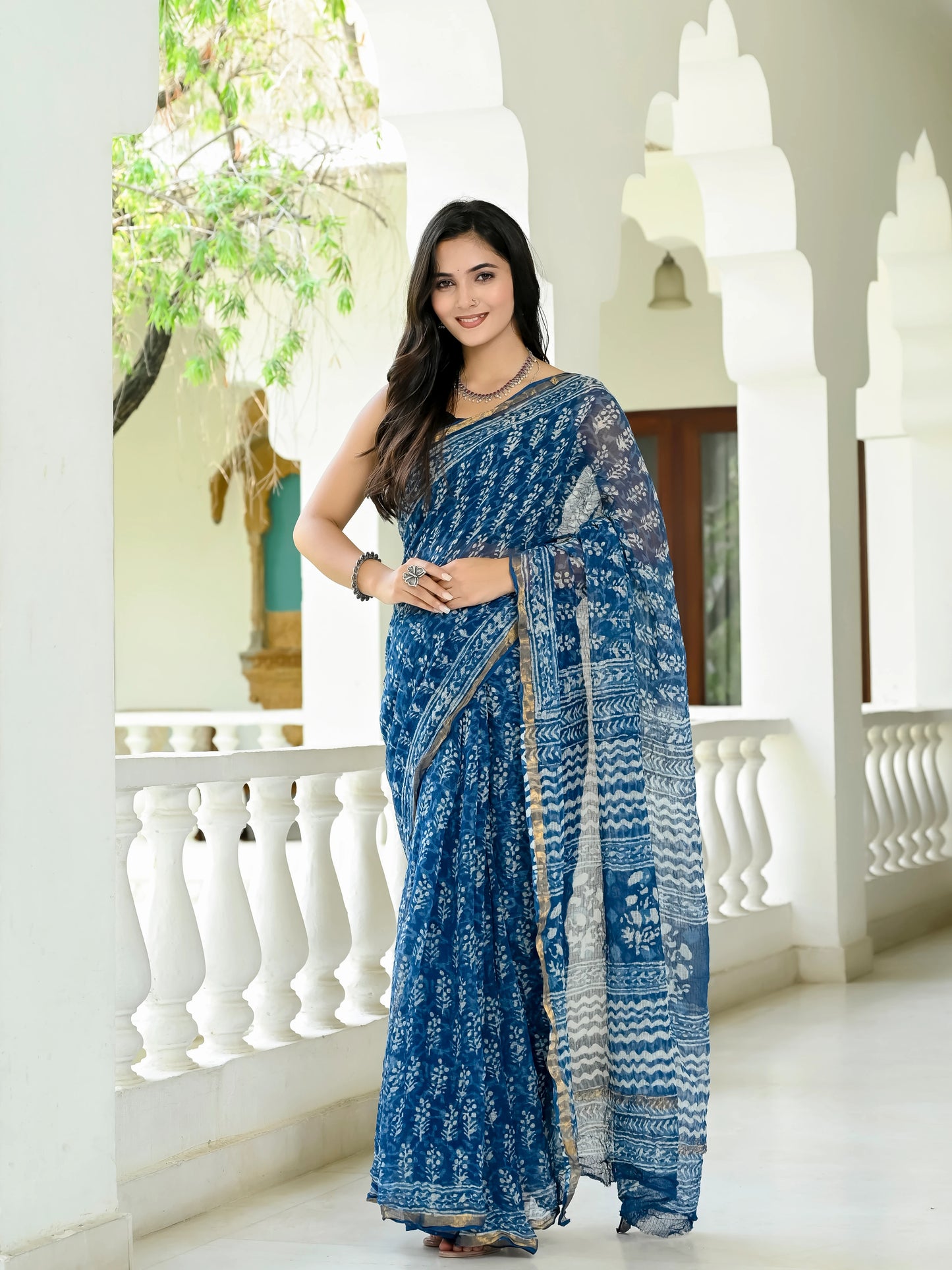 Indigo Bootie Hand Block Printed Pure Kota Doria Saree