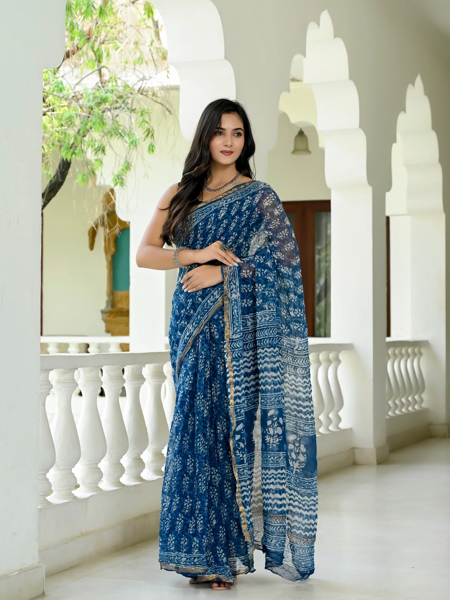 Indigo Bootie Hand Block Printed Pure Kota Doria Saree