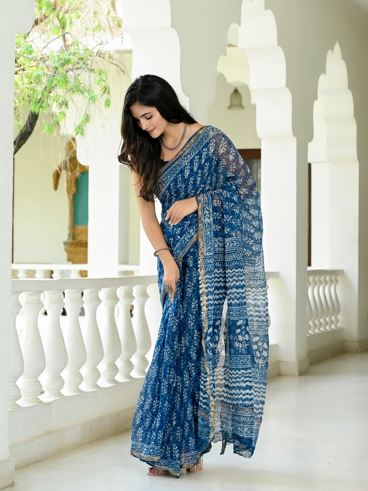 Indigo Bootie Hand Block Printed Pure Kota Doria Saree