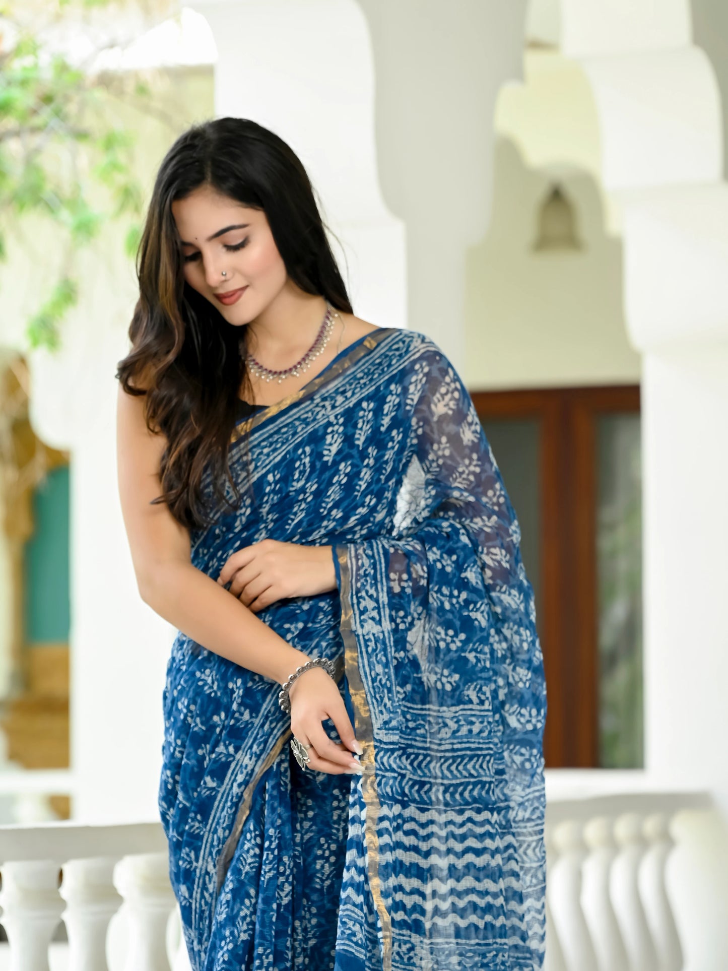 Indigo Bootie Hand Block Printed Pure Kota Doria Saree