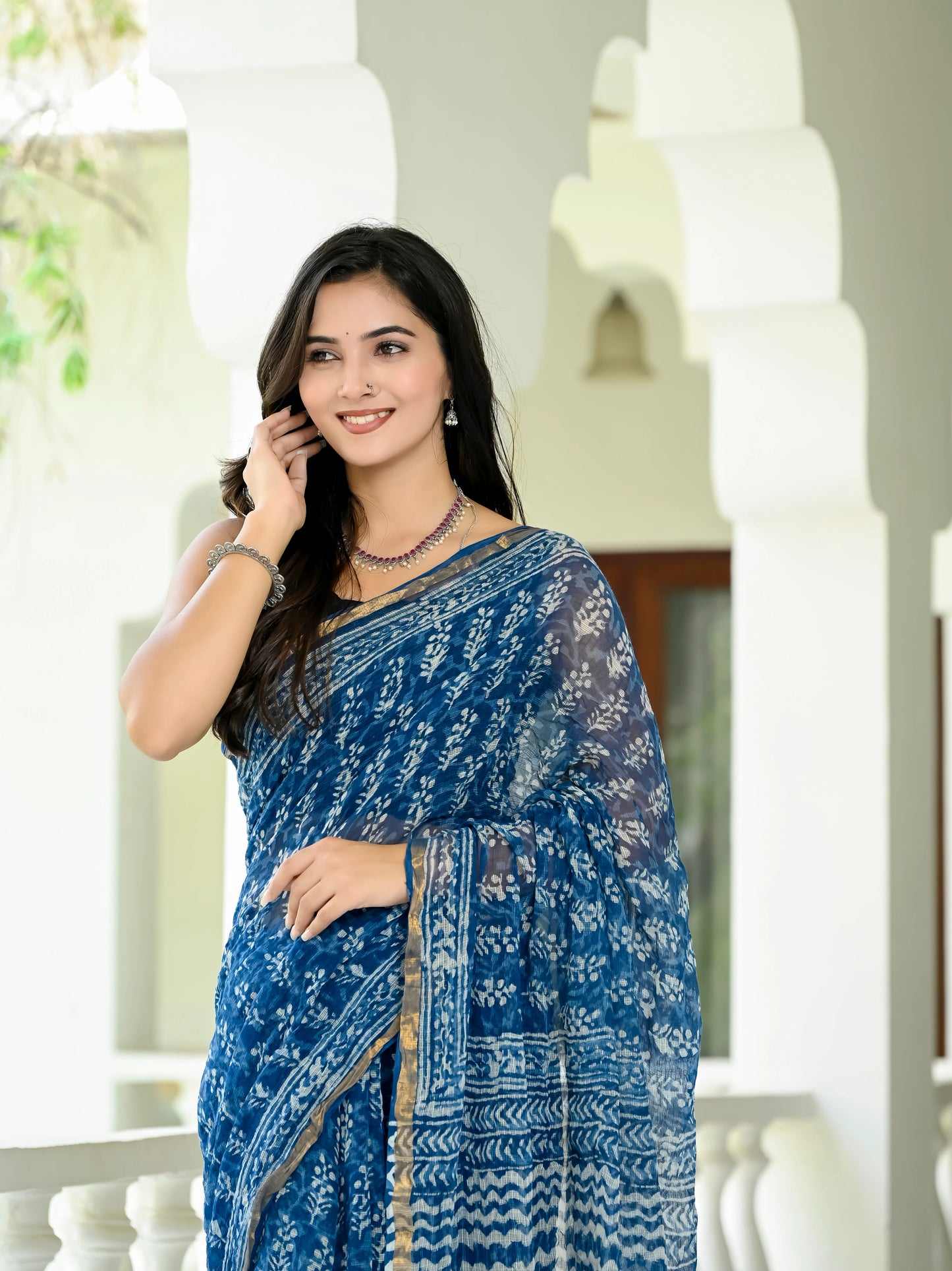 Indigo Bootie Hand Block Printed Pure Kota Doria Saree