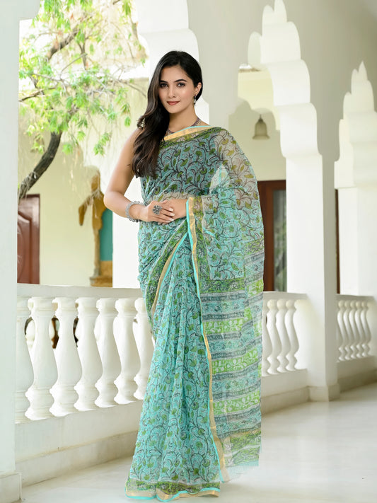 Green Floral Jaal pure hand block print kota doria saree