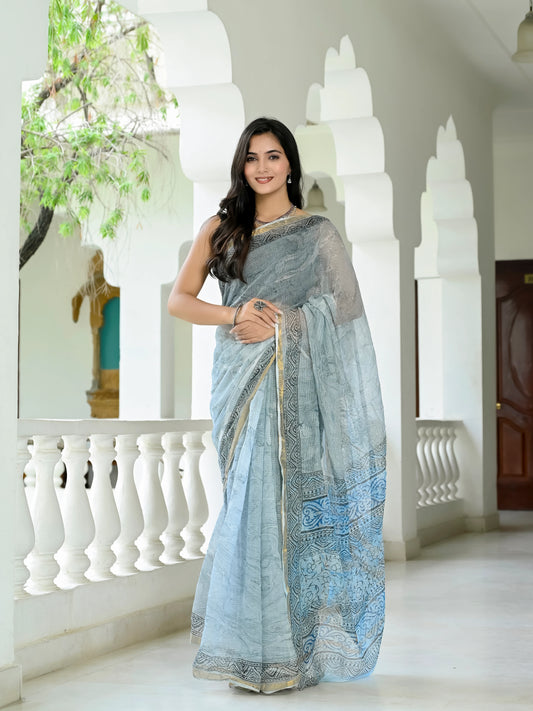 Grey Marble Printed Pure Hand Block printed Kota Doria saree