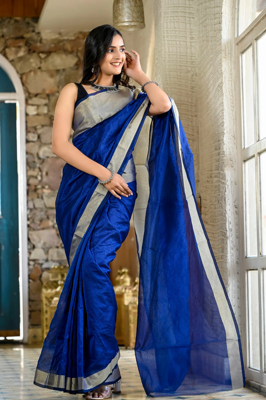 Navy blue color kota silk sarees with heavy zari border