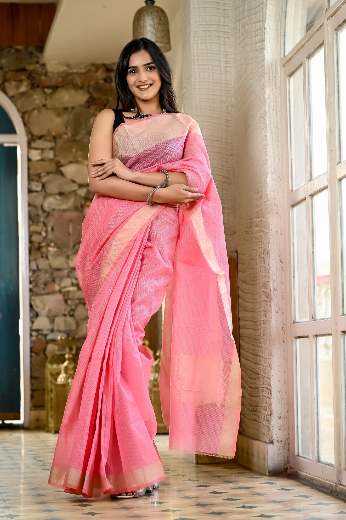 Baby pink color kota silk saree with heavy golden border