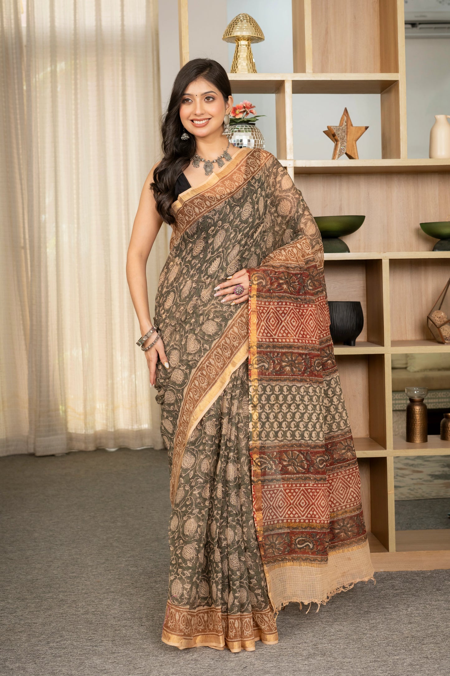 Bagru green lotus pure kota doriya saree