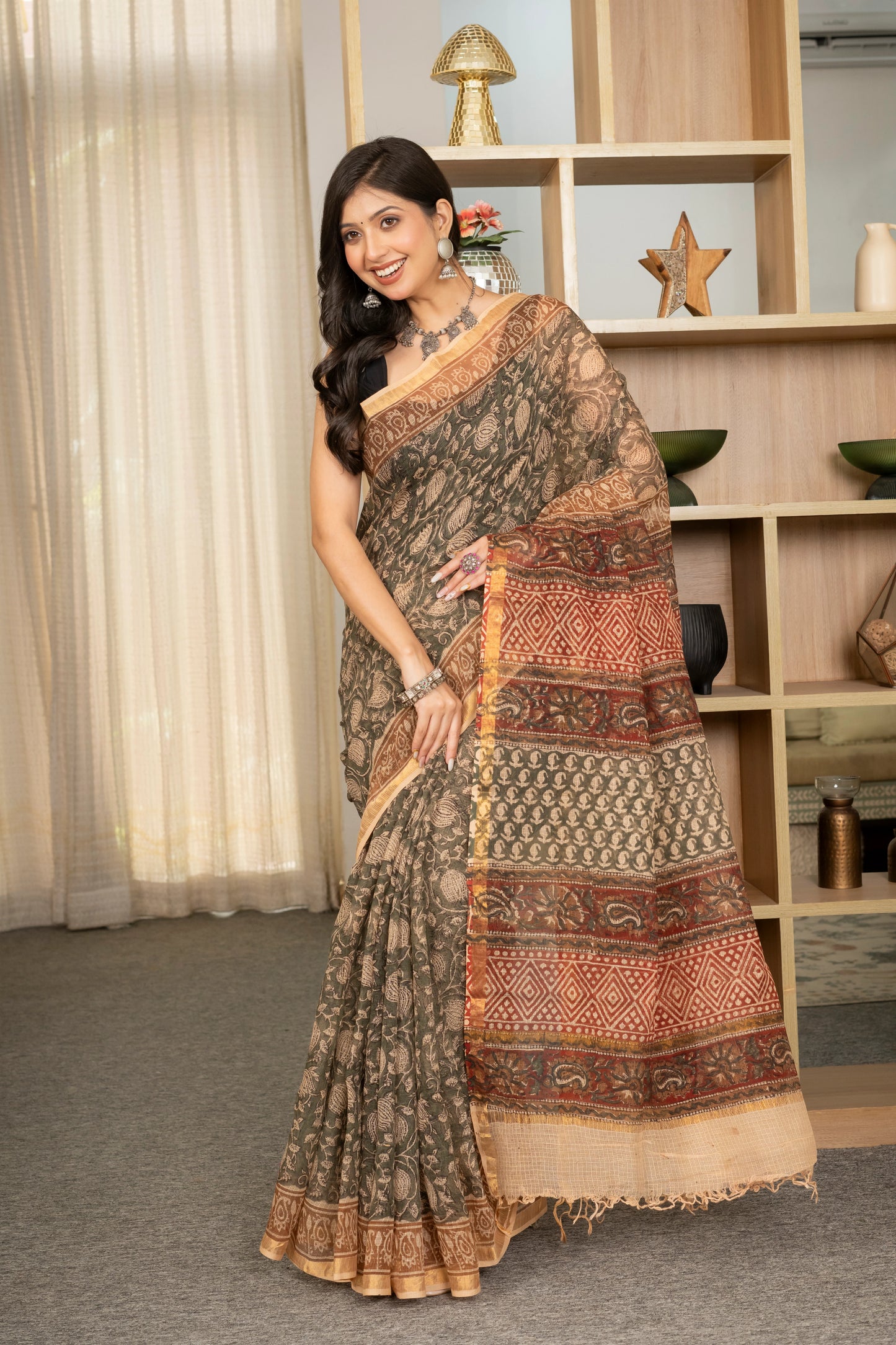 Bagru green lotus pure kota doriya saree