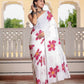 White Hand Printed Pure Mul Cotton Saree