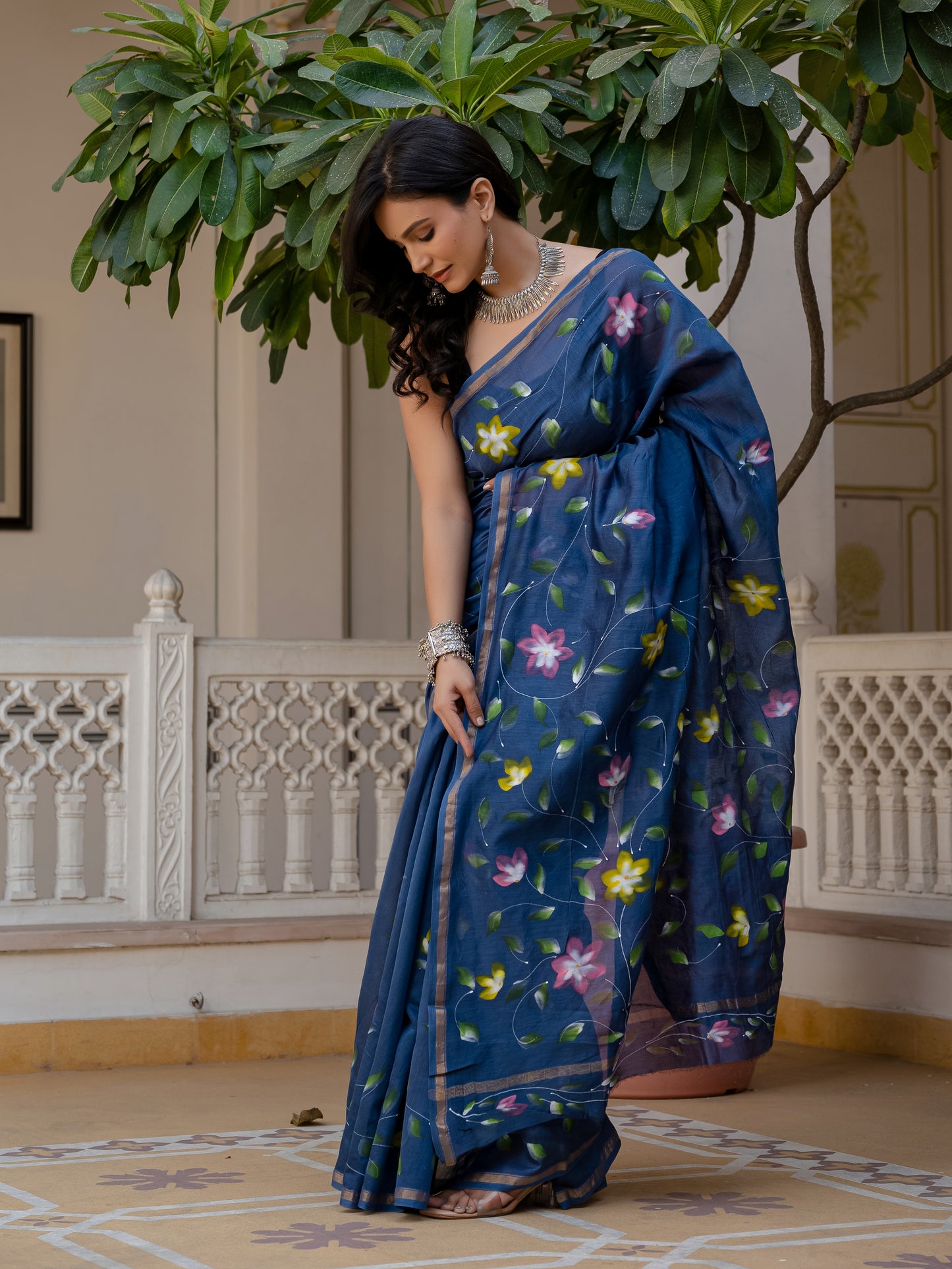 Blue Brush silk saree