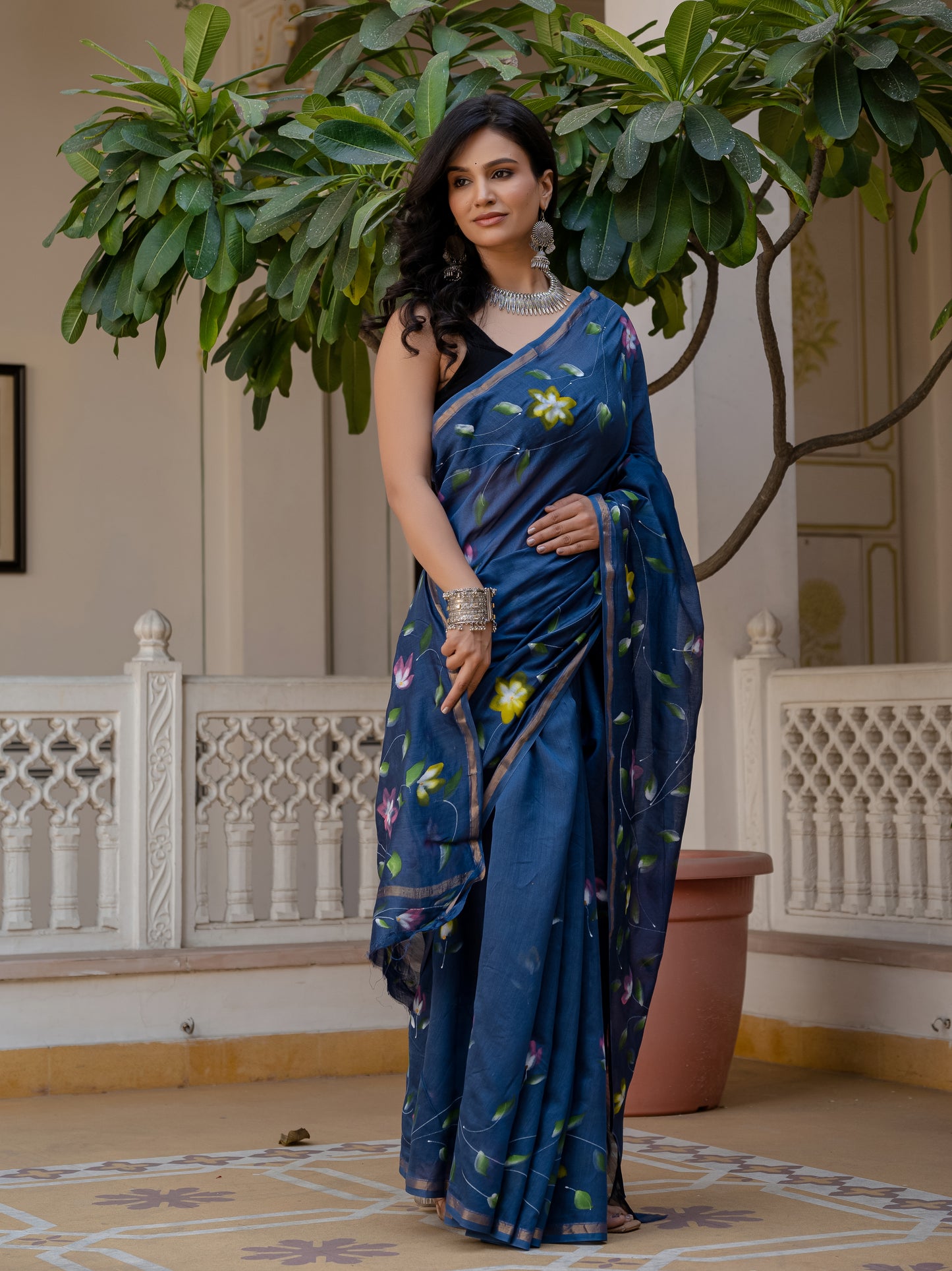 Blue Brush silk saree
