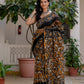 Black yellow batik printed silk saree