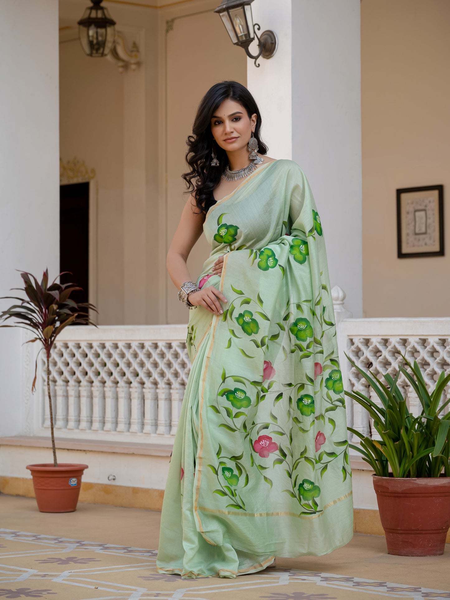 Pista green hand painted Chanderi Silk Saree