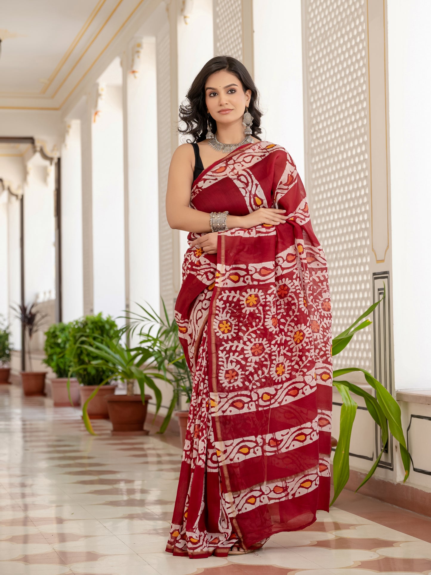 Maroon batik printed Chanderi Silk Saree