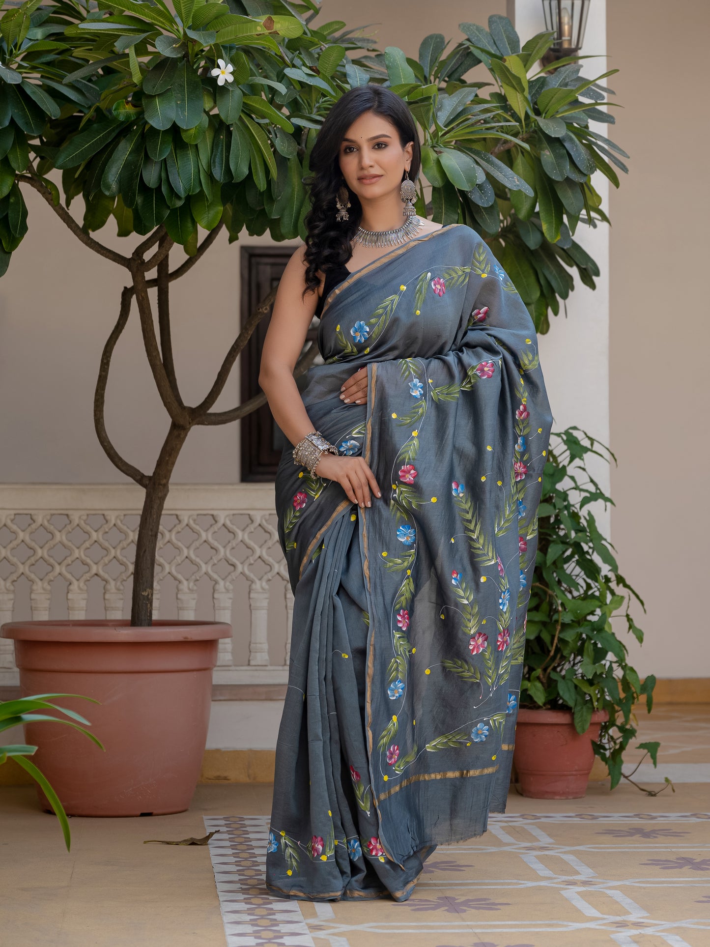Grey hand painted silk saree