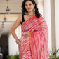 White & Red tie dye Chanderi Silk Saree