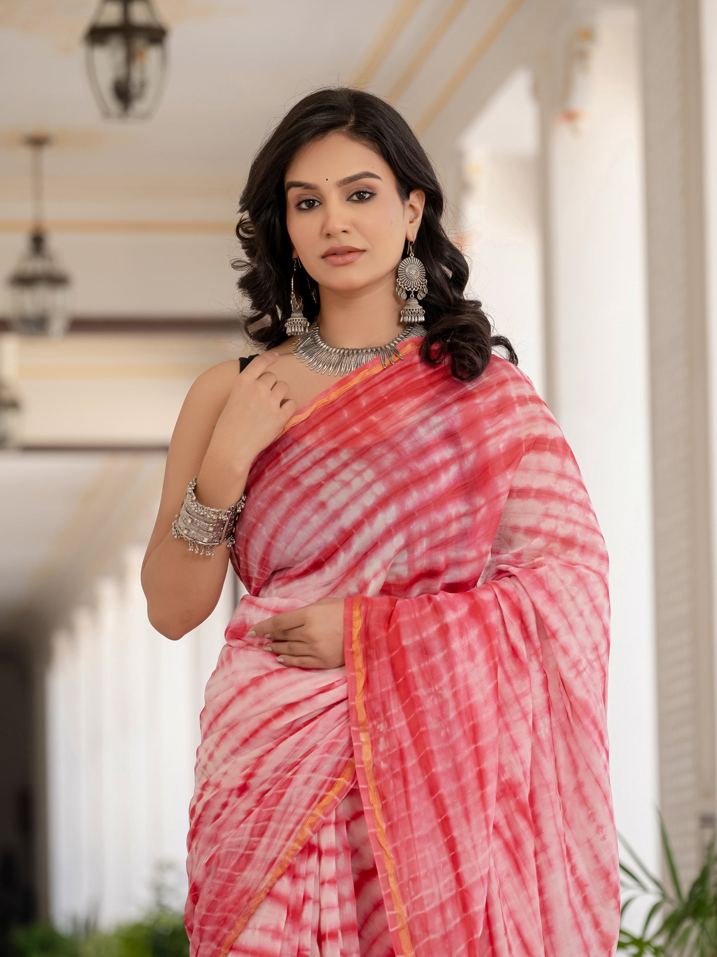 White & Red tie dye Chanderi Silk Saree
