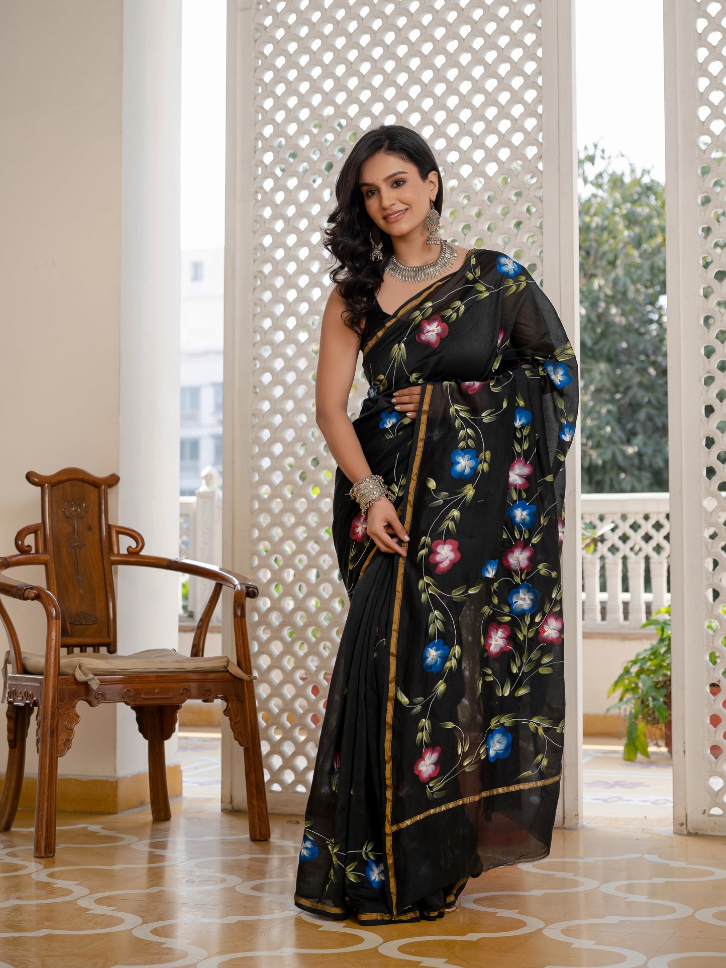 Black Hand Painted Chanderi Silk Saree