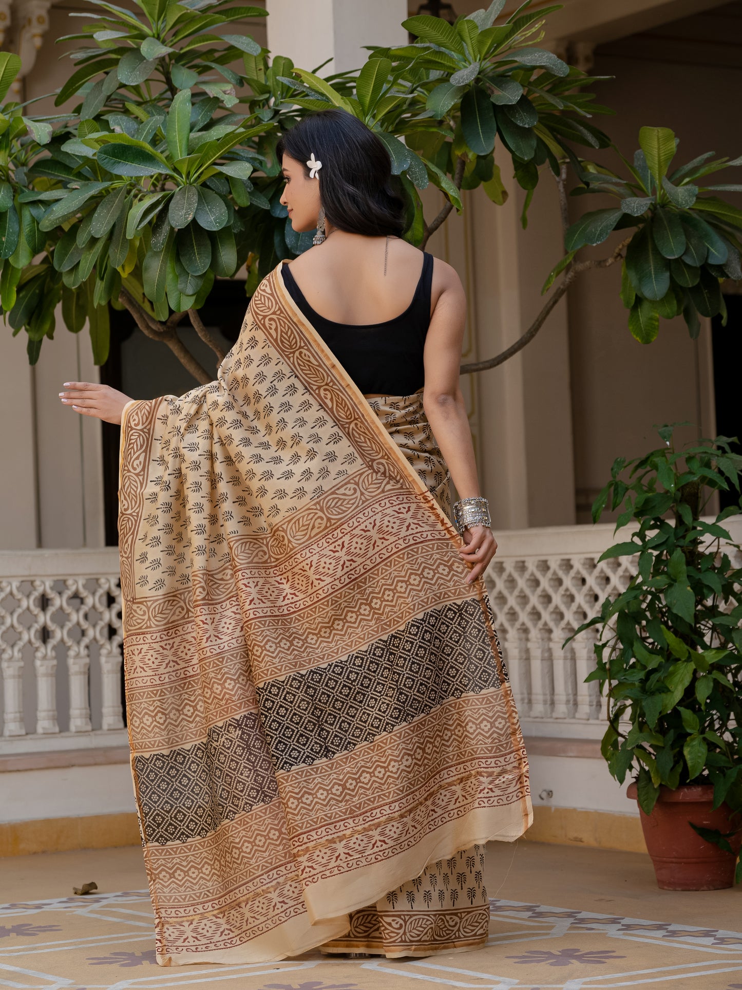 Bagru khajoor print silk saree