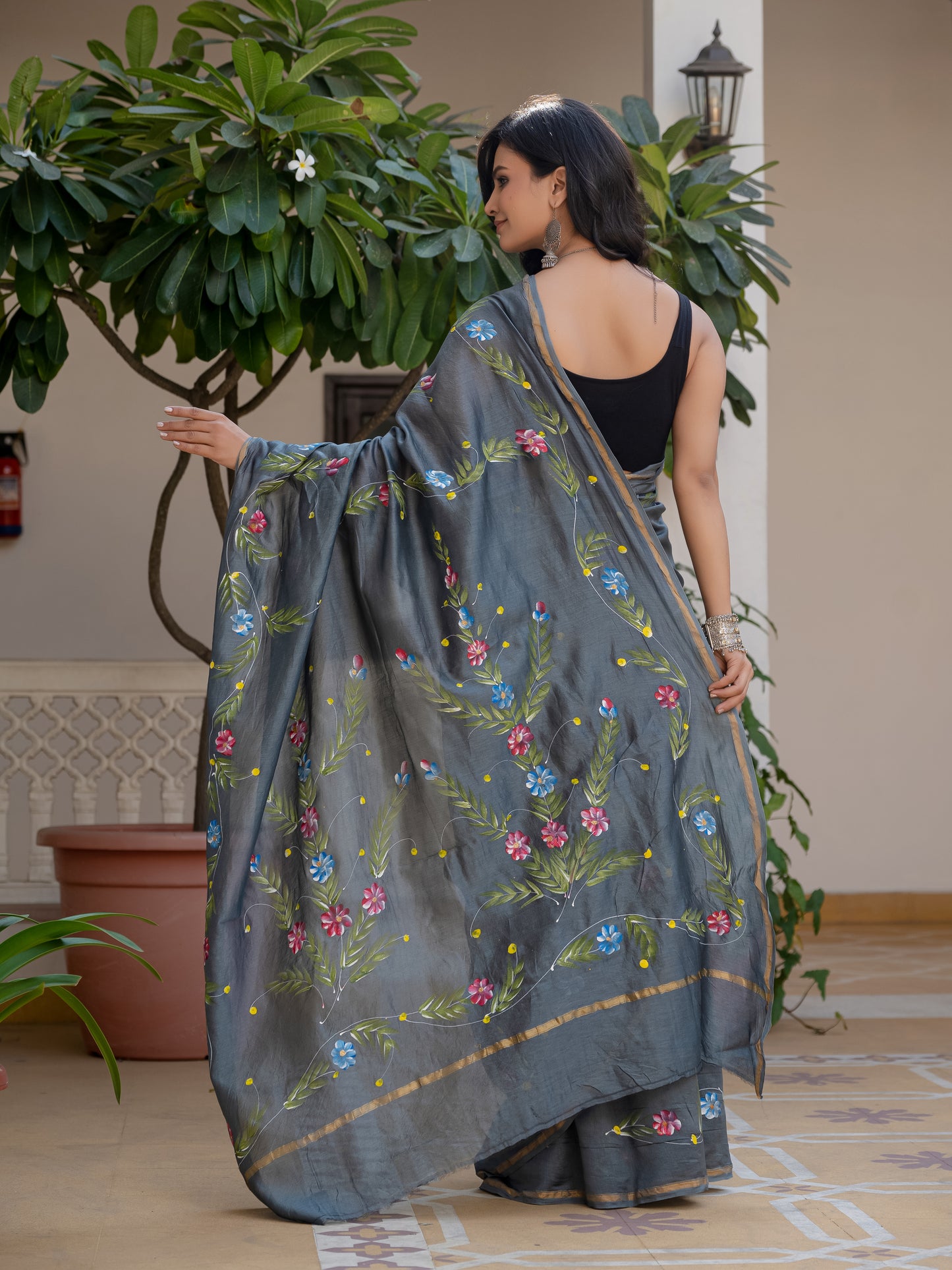 Grey hand painted silk saree